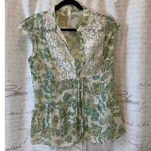 Vintage Anchor Blue Y2K Green Floral Gauzy Tie Front Top XL Cottagecore